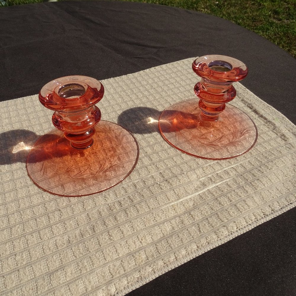 Pair of Pink Depression Vintage Glass Candlestick Holders